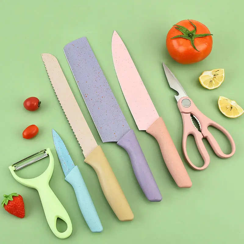 Hot sell Kitchen Accessories Cooking Sets Knives 6-Pieces Kit Wheat Straw Knife Scissor Peeler Knife set