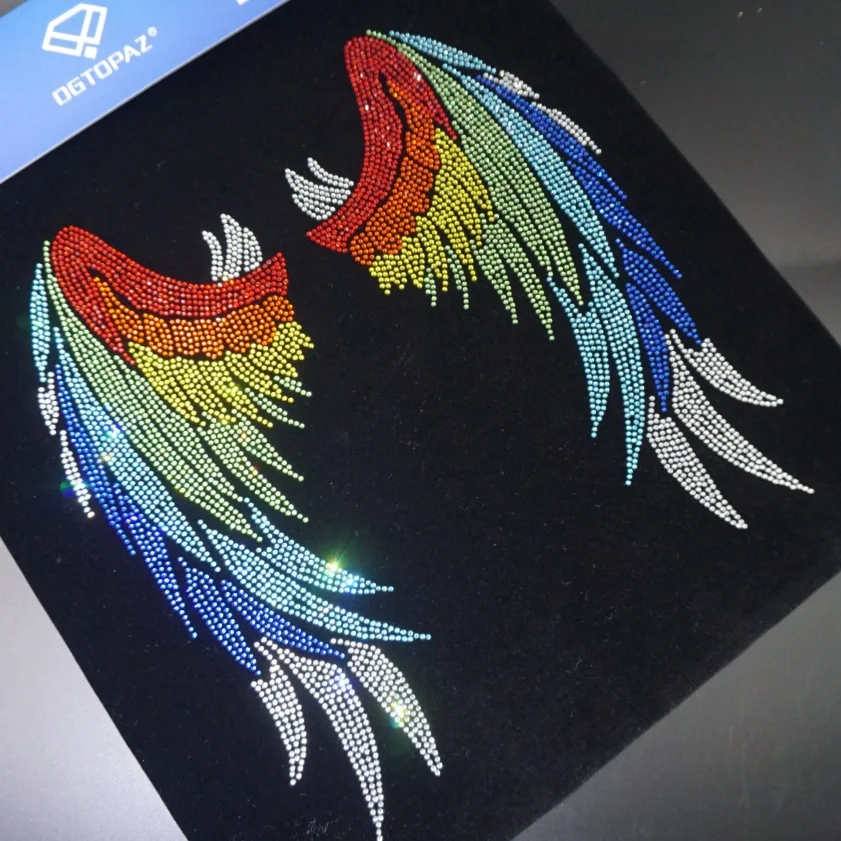Rainbow Angel Wing Rhinestone Transfer Bling Hot Fix Iron on Patch Motif Design Transfer for garment jeans