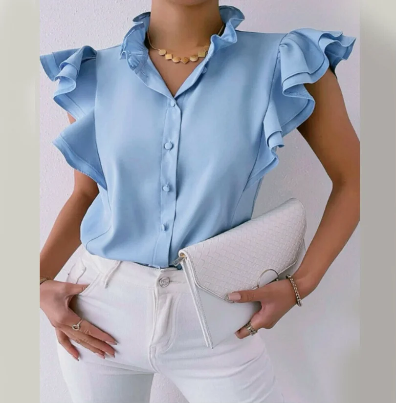 Fashion Hot Sale Design Wholesale Lotus Leaf Collar Open Button Double Layer Ruffle Short Sleeve Shirt