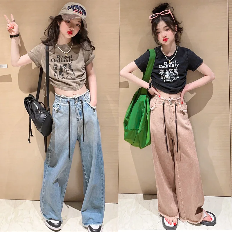 Summer Fashion Teenagers girls clothing Alphabet Print T Shirt Children Jeans With Gradient Raw Hem Wide Leg Pants Two Piece