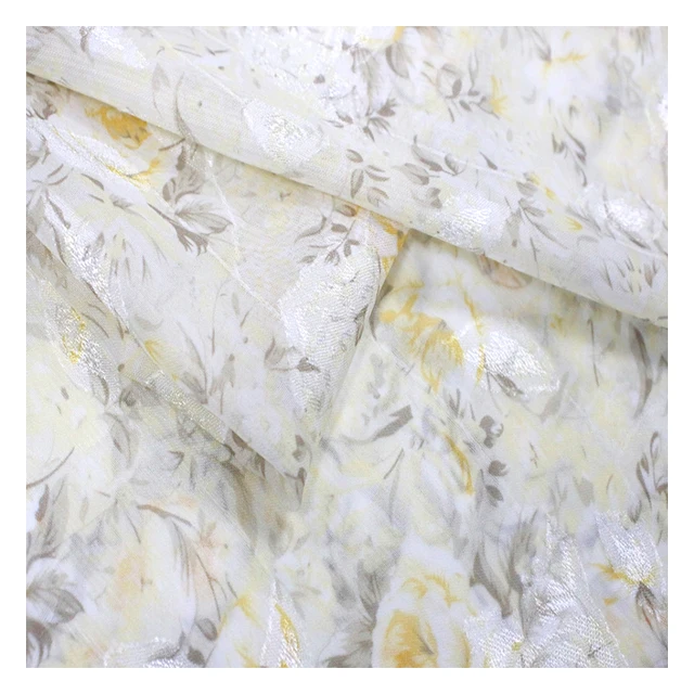 New Fashion Design Lightweight 100% Polyester Chiffon Fabric Translucent Glittering Sliver Foiling Flowers Print Thick Density