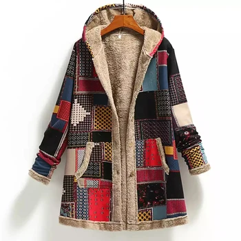 2021 Winter Vintage Women Coat Warm Printing Thick Fleece Hooded Long Jackets with Pockets Ladies Outwear Loose Coat for Women