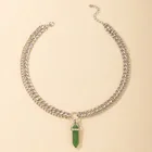Silver Necklace Double Layer Silver Plated Cuban Link Chain Healing Stone Pendant Necklace Jewelry