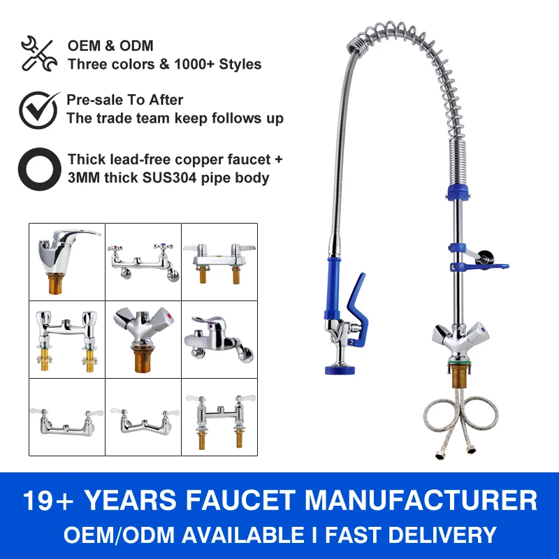 Best SUS304+Brass Industrial Commercial Faucets Classic Style Pull Down Pre Rinse Kitchen Faucet with Sprayer for Kitchen supplier