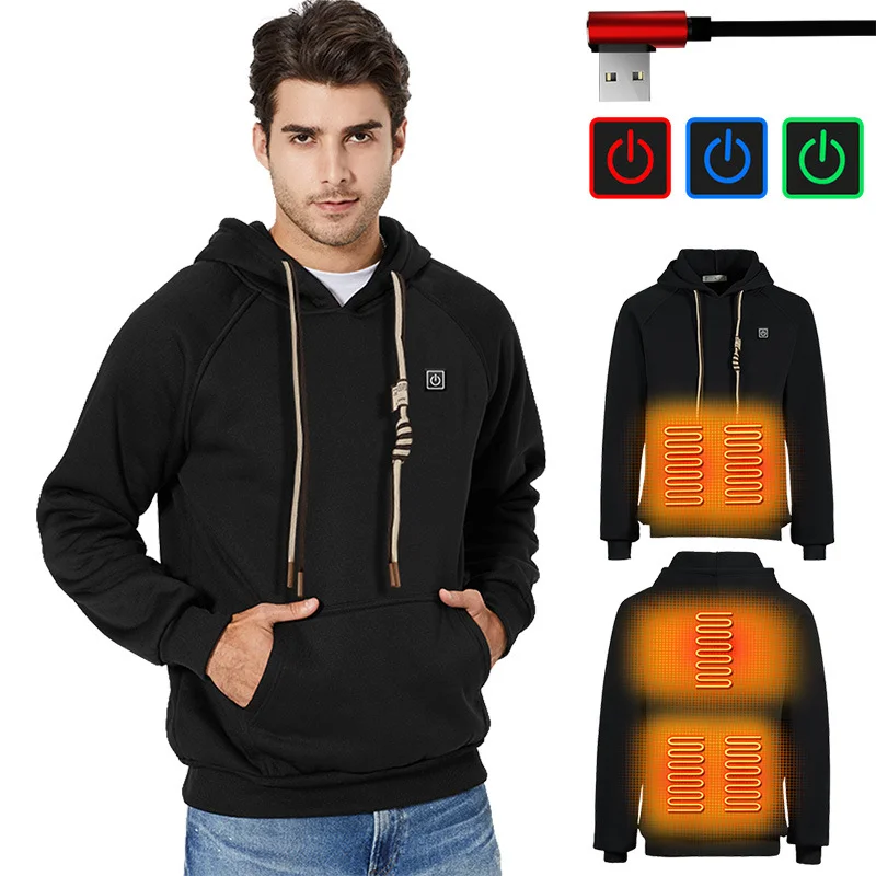 Winter Mens Sport Sweater New Thick Warm Unisex Pullover 5 Heating Zones Portable Charger USB Heated Hoodie