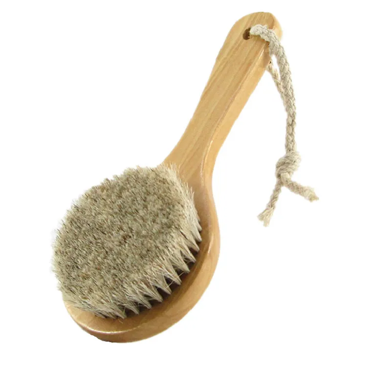 Short Handle Bath Brush Natural Soft Horsehair Wooden Body Brush for Kids