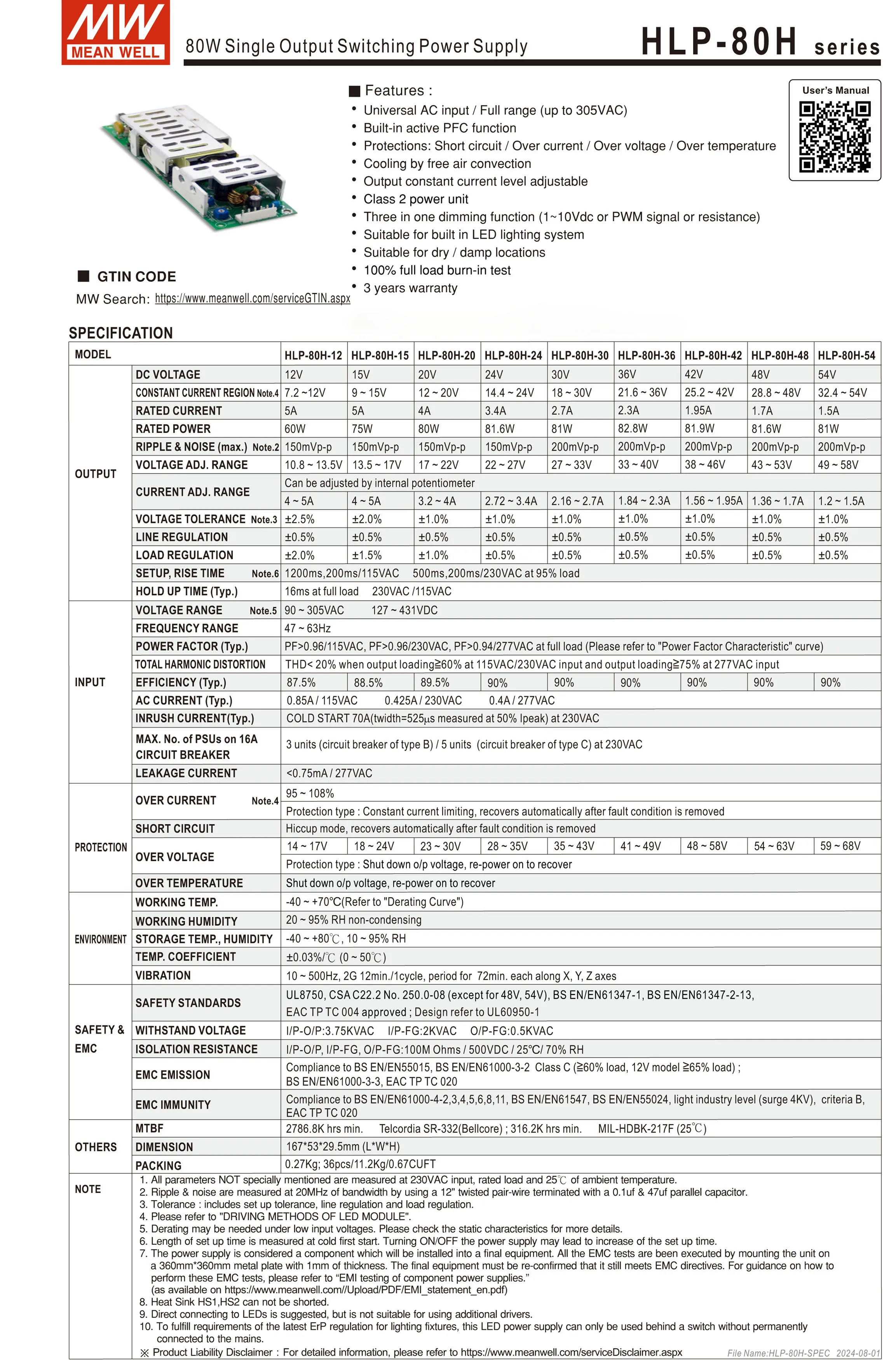 meanwell hlp-80h-42 80w通用交流至dc脉宽调制可调光发光二极管驱动器印刷电路板