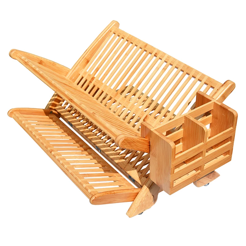 3 Tier Large Collapsible Bamboo Dish Drying Rack with Utensil Holder for Kitchen Plates, Cups, Mugs, Utensil