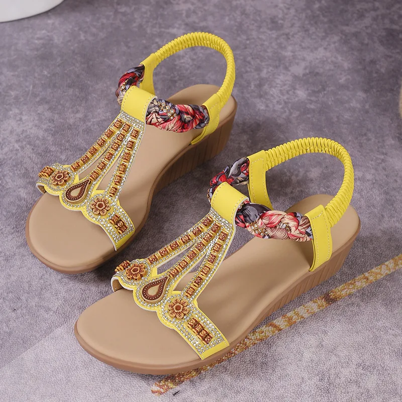 Women's summer 2024 new Bohemian rhinestone elastic beach sandals