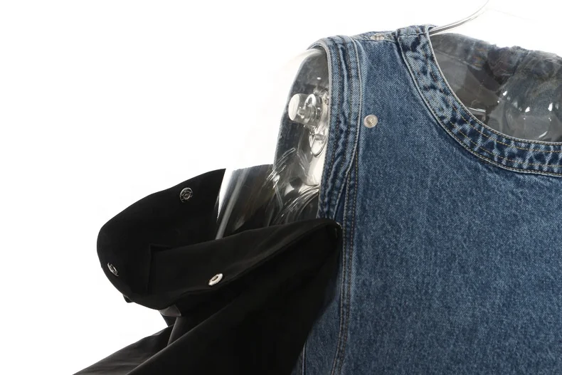 JUES New Round Neck Zipper Stitching Color Contrast Detachable Jean Dresses Women Denim Dress