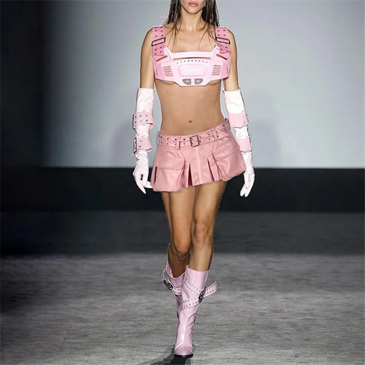 Pink Punk Leather Mini Skirt with Belt Women Low Rise Pocket Stitched Sexy Pleated PU Skirts