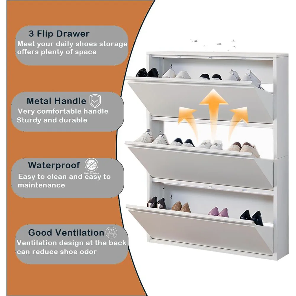 White MDF Shoe Storage Cabinet with 3 Flip Drawers Slim Narrow Hidden Metal Rack for Entryway Home Furniture details