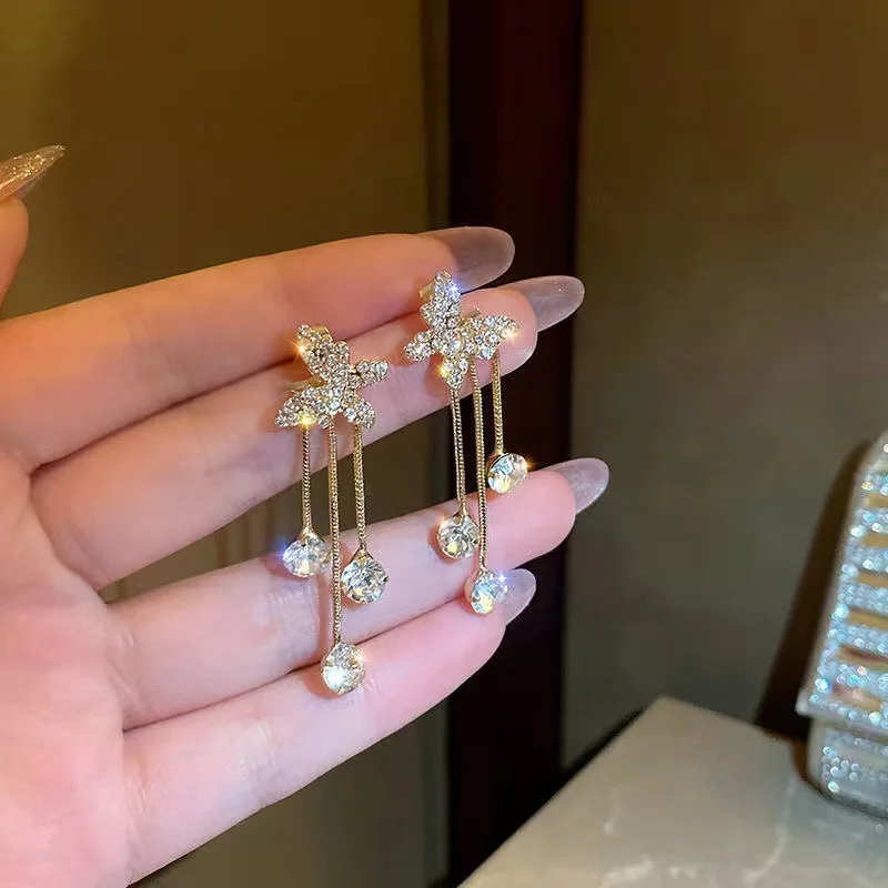 Hot Selling Blingbling Full Diamond Tassel Butterfly Earrings Shiny CZ Butterfly Earrings For Women