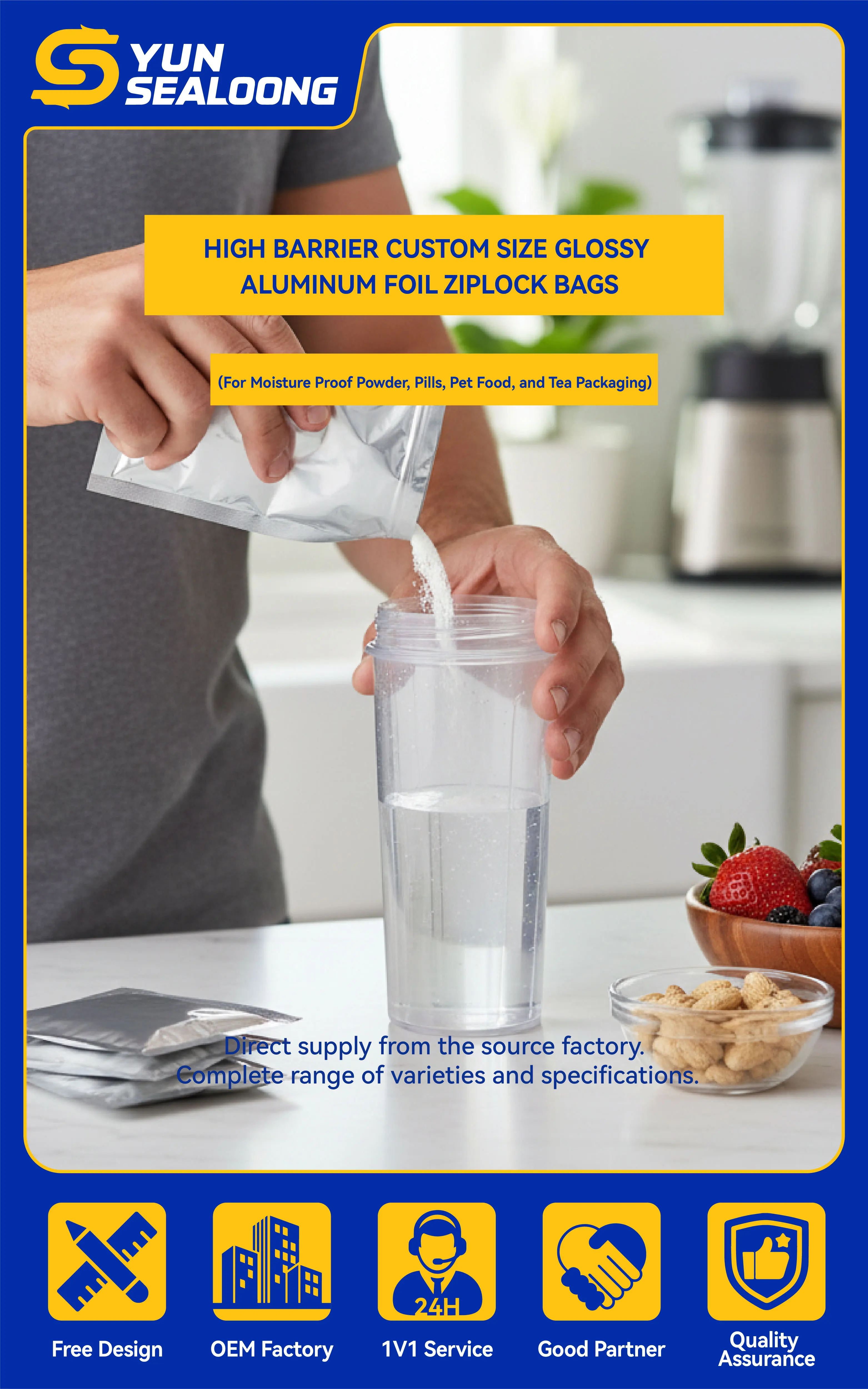 High Barrier Custom Size Glossy Aluminum Foil Ziplock Bags for Moisture Proof Powder, Pills, Pet Food, and Tea Packaging
