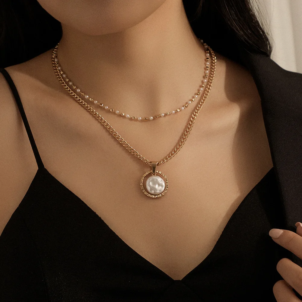 Luxury baroque irregular pearl pendant necklace double clavicle chain women  accessories alloy jewelry wholesale