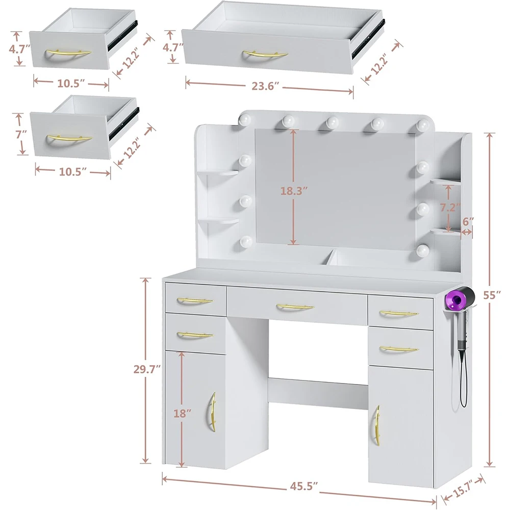 Bedroom Wood Large Makeup Vanity Desk with 5 Drawers 2 Cabinets and Shelves 3 Models Lights and Power Outlet manufacture