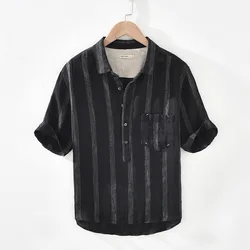Custom High Quality Summer Half Sleeve Button Retro Breathable Pocket Stripe Linen Short Sleeve Shirts for Men
