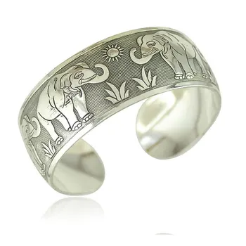 retro Tibetan silver Miao silver wide bracelet bracelet Bohemian carved hand jewelry Elephant Sun Turtle Dragon Phoenix bracelet