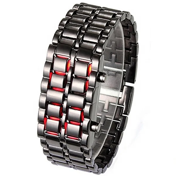 Unique Fashion Watch Men Black and Silver Cool Metal Alloy Iron Samurai Lava LED Digital Wrist Watch