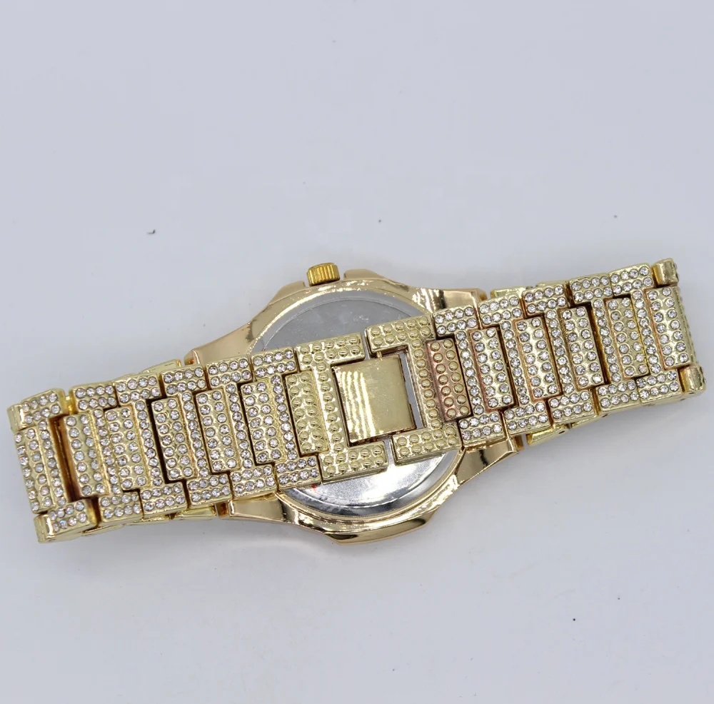 New Fashion High Quality Alloy Quartz Movement Gold Watches Luxury Branded Custom Full Diamond Watch for Men