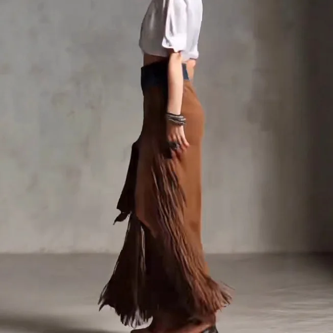 Hot Sale Empire Waist Vintage Tassel Spliced Denim Hem Irregular Suede Skirt details