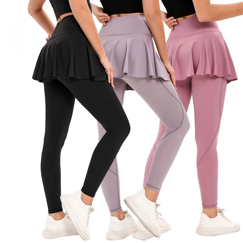 YIYI With Skirts 2 In 1 Workout Tennis Pants High Stretchy Compression Pants High Waist Leggings Gym Clothes With Pockets