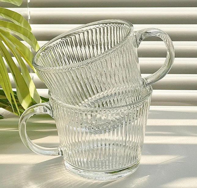 Milk Latte Cup Vertical Pattern Heat Resistant Cup Transparent Glass Coffee Mug Cup With Handle