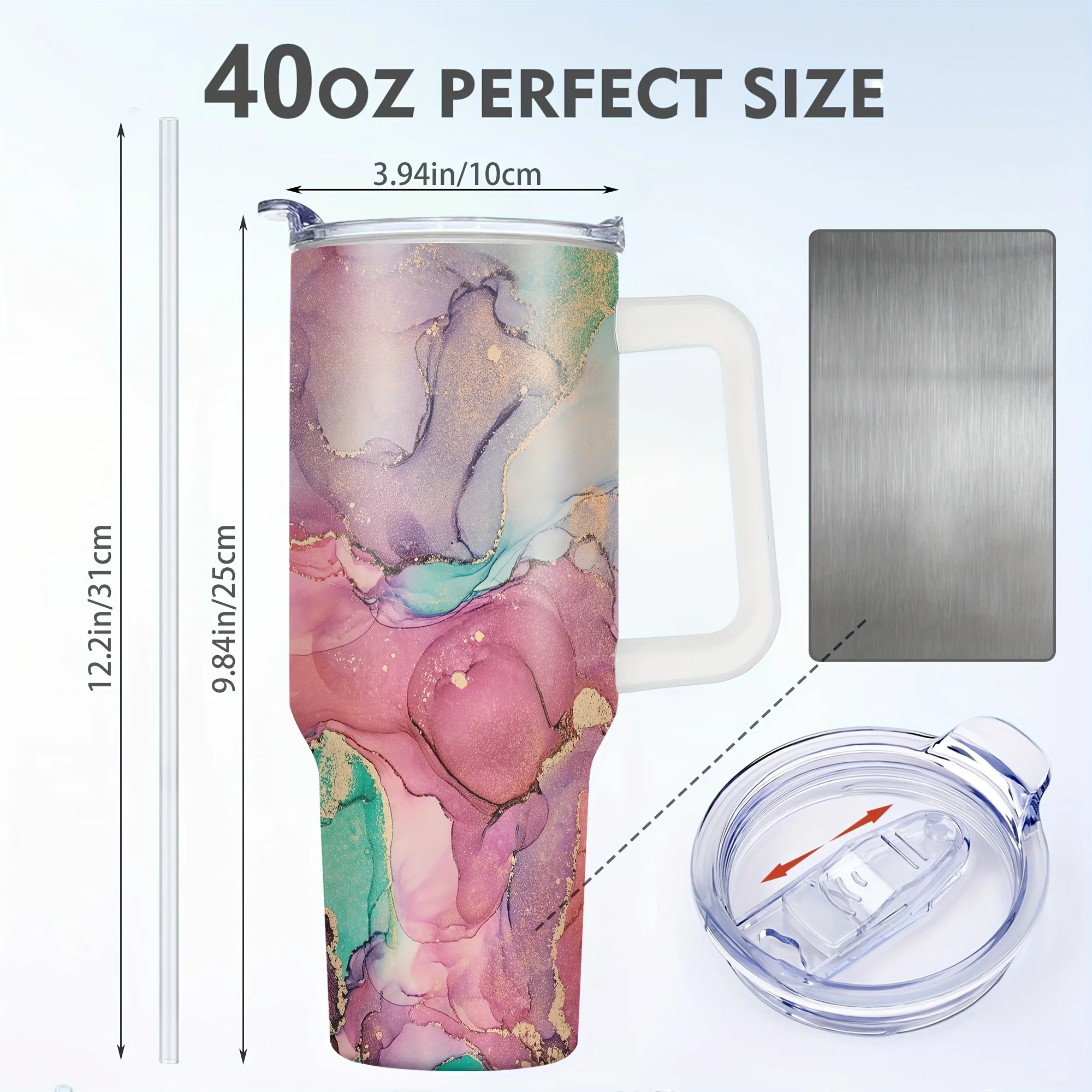 Custom Vacuum Insulated 40oz Travel Mug Stainless Steel Tumbler With Straw And Handle