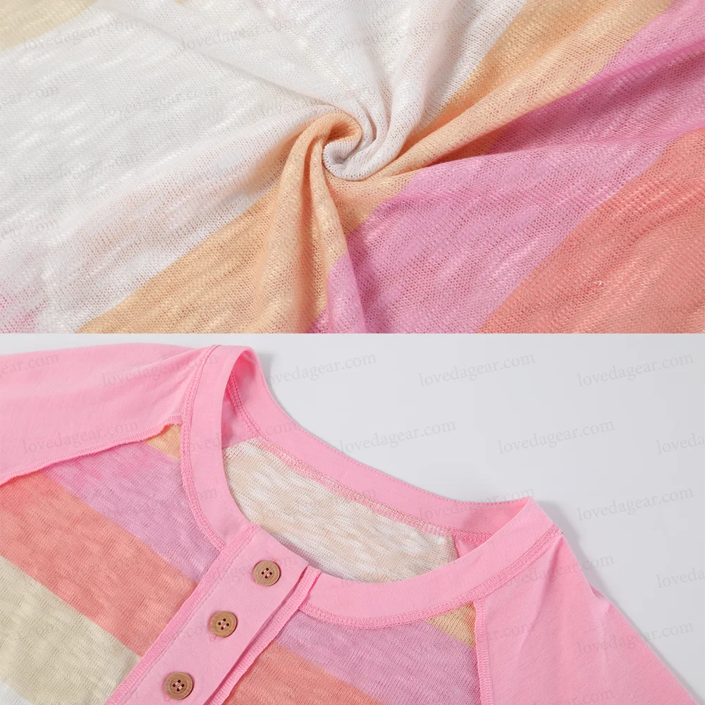 Wholesale Custom Patchwork Pink Stripe Round Cotton Collar Rainbow Women Blouse Ladies Tops T shirt For Women