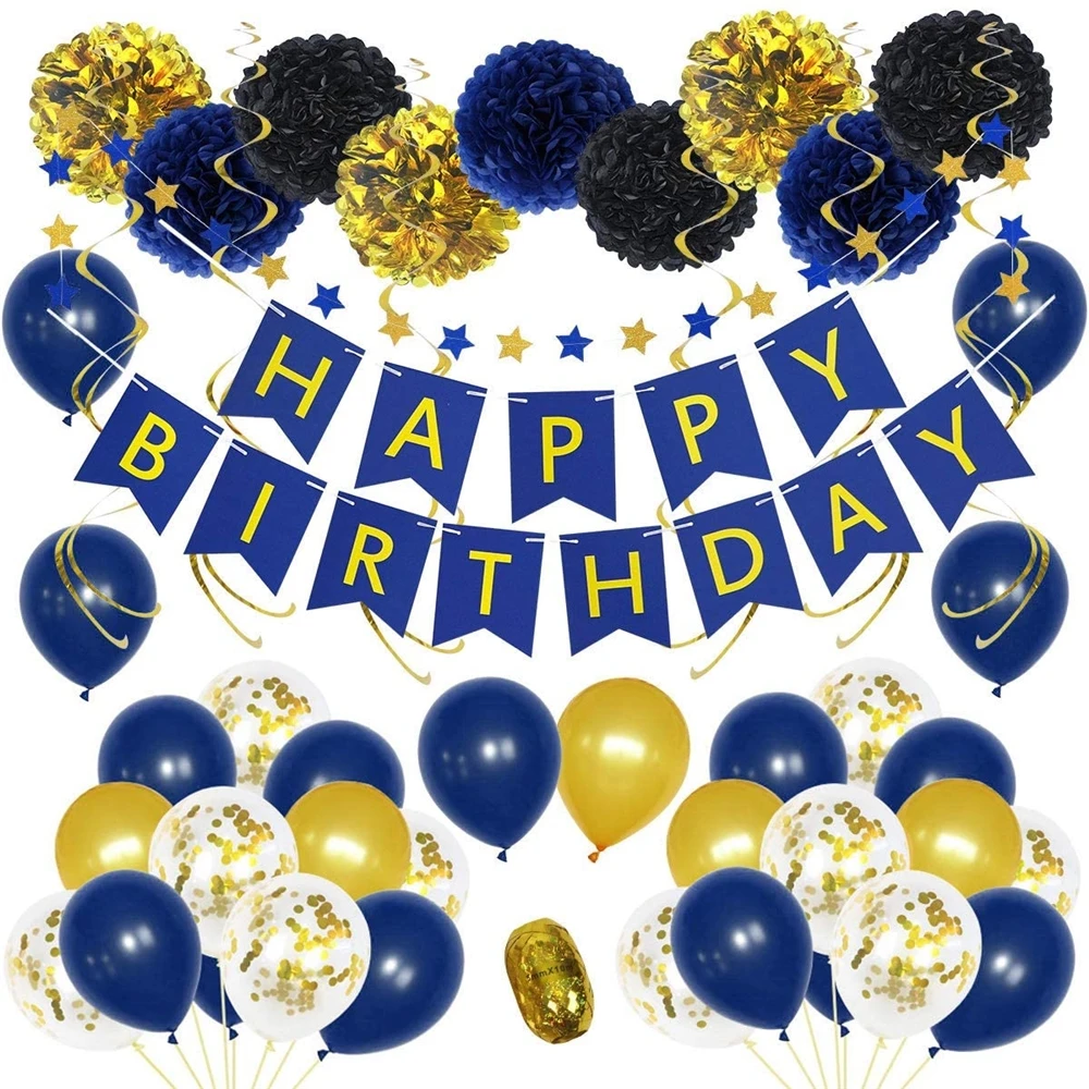 Happy Birthday Banner Blue And Gold Birthday Decorations Happy Birthday Banner Blue Gold Balloons Paper Pom  Poms Birthday Balloons Party Supplies - Buy Birthday Decorations,Happy  Birthday Banner,Birthday Balloons Party Supplies Product On Alibaba.com