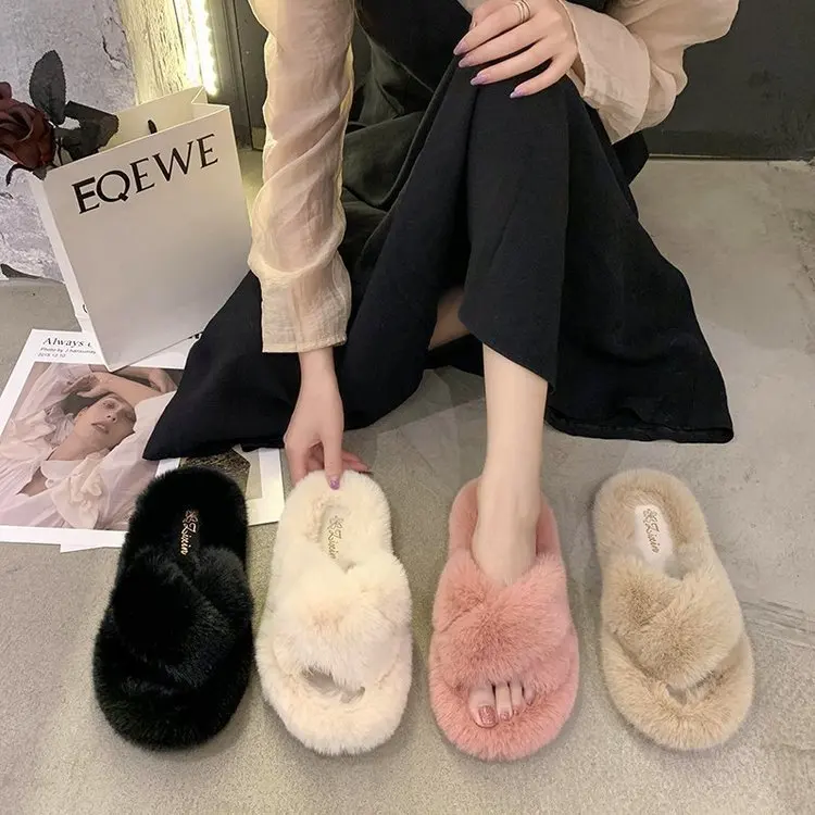 winter faux fur plush home slippers