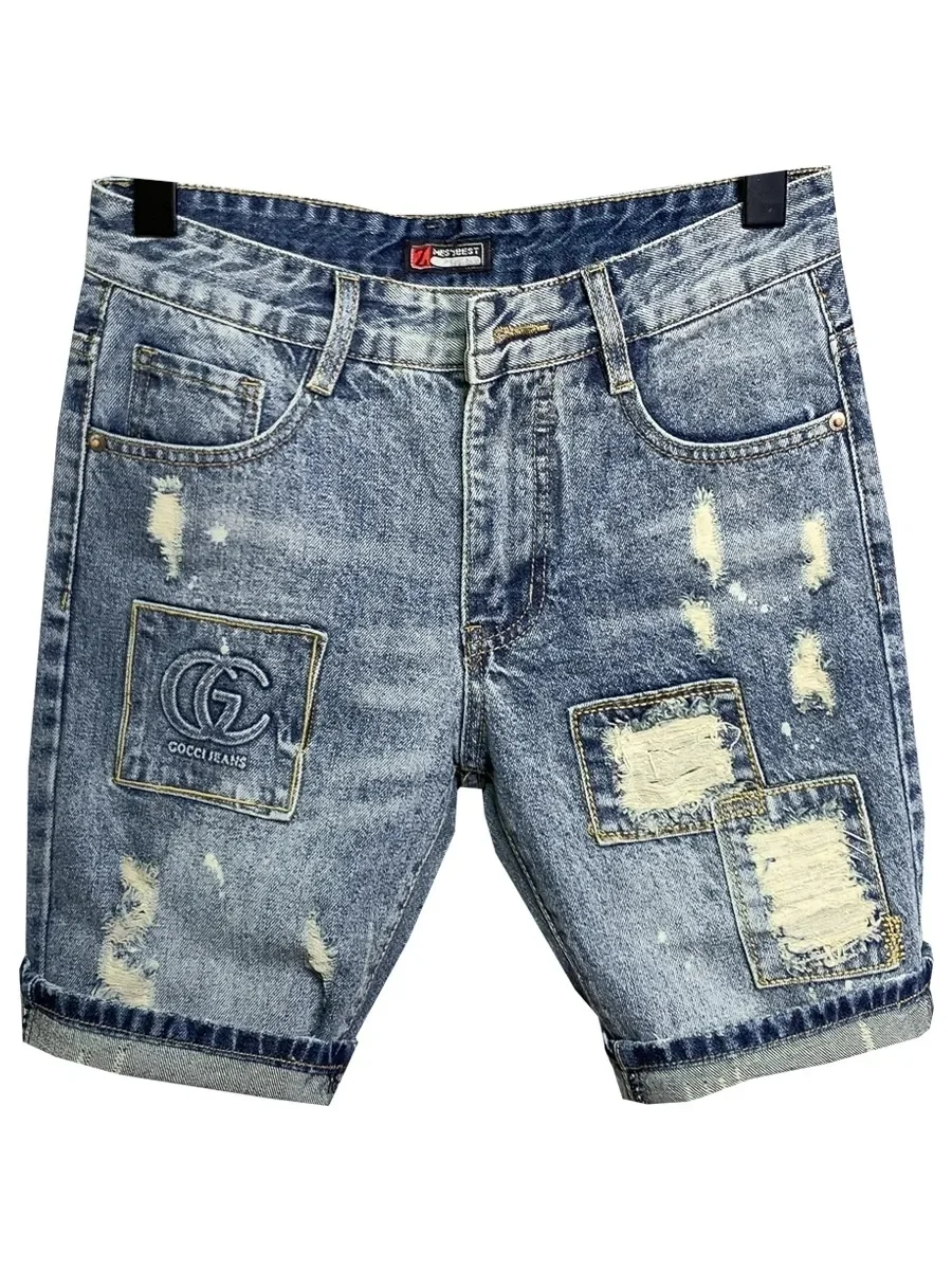 Wholesale printed embroidered denim fabric hot drilled jeans shorts Men's hip hop style slim slim fashion short jeans