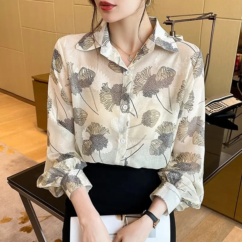 Chinese Style Trendy V-neck Loose Fitting Vintage Printing Fashion Women's Long-sleeved Shirt