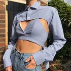 Blue Shirts 2021 Spring New Blue White Striped Short Women Sexy Crop Top Long Sleeve Womens Blouses And Shirts