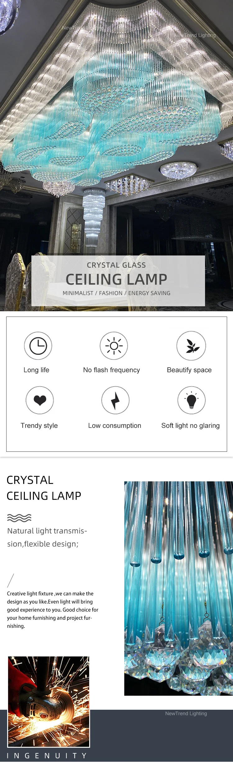 CPL-193 Luxury Style Indoor Decoration Hotel Villa Lobby Modern Crystal Glass LED Ceiling Chandelier factory