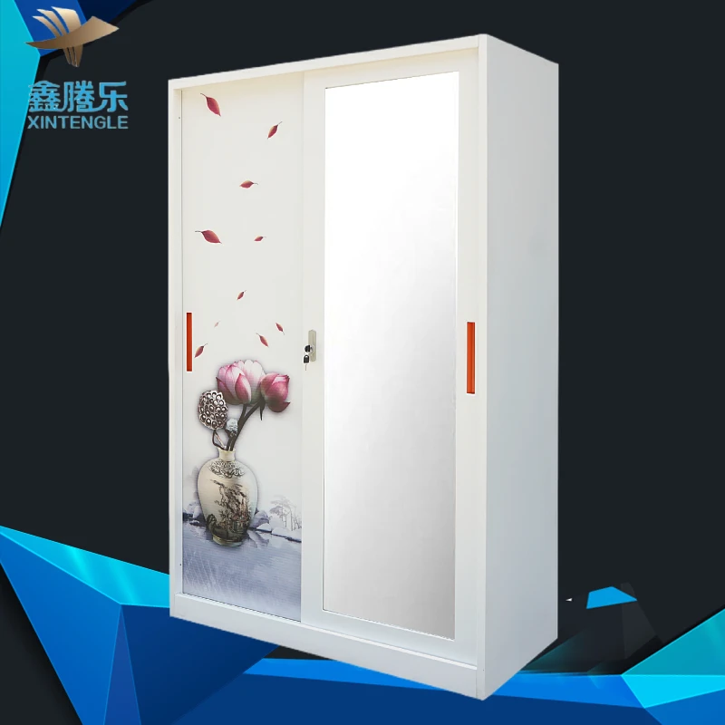 New Promotion Powder Coat Green Steel Wardrobe Iron Cupboard printed sliding cabinet for bedroom