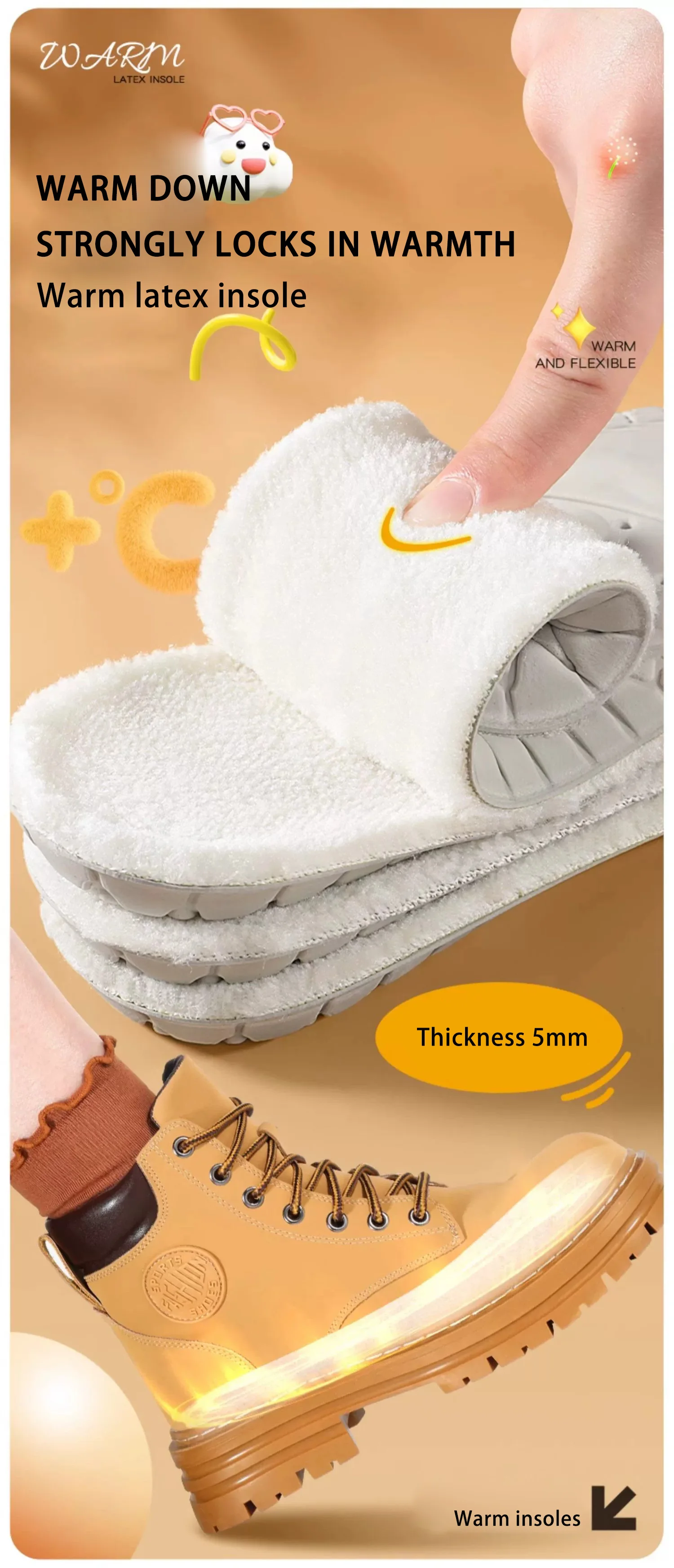 Winter Plush Latex Insoles for Snow Boots, Odor Prevention & Soft Thermal Comfort Winter Plush Latex Insoles for Snow Boots, Odor Prevention & Soft Thermal Comfort