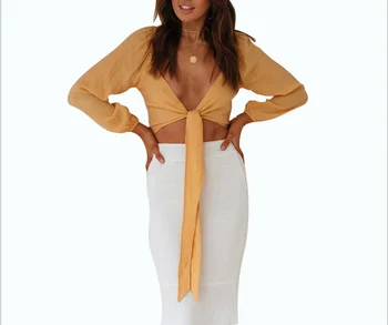 2019 Summer New Fashion Women Blouses Orange Strap V Neck Sexy Linen Clothing Ladies Tops