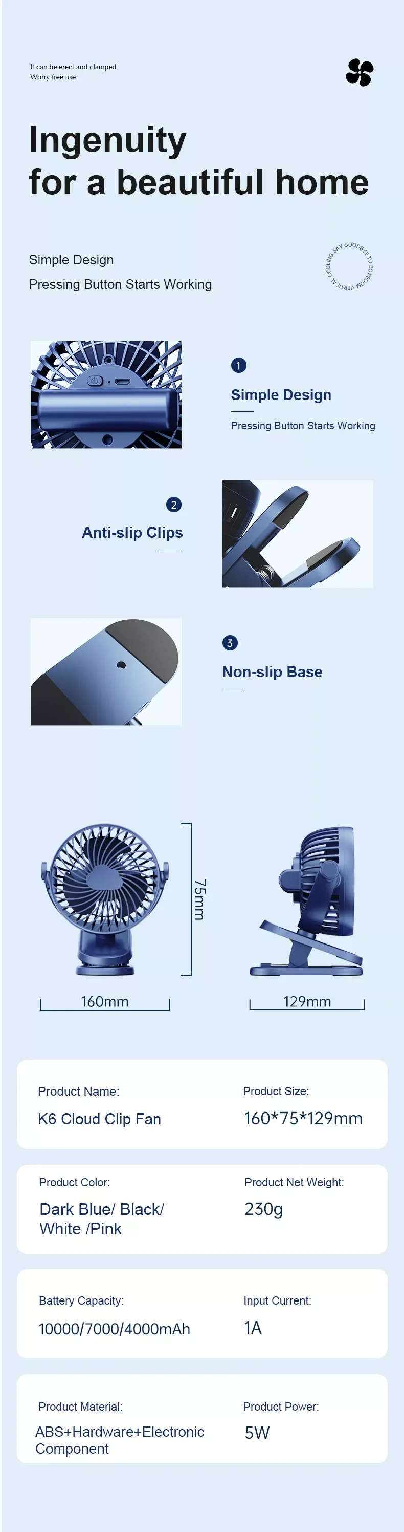 Desk Clip Multi-functional Fan, Portable, 5, Battery - detail 40