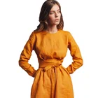 Dresses Women Clothing Crew Neck Linen Dresses Summer Linen Midi Dress With Belt