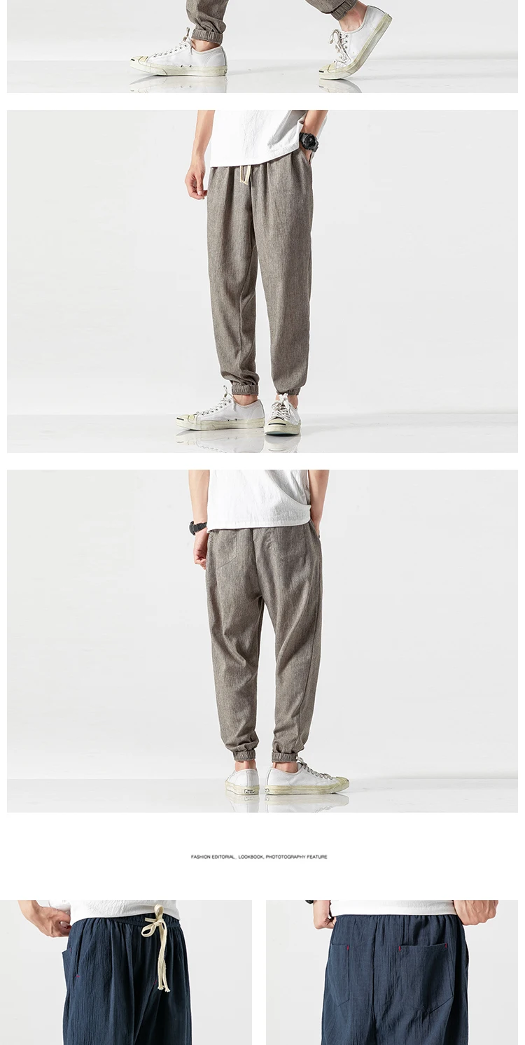 Chinese Style Harem Jogger Pants Men Cotton Linen Sweatpants Trousers