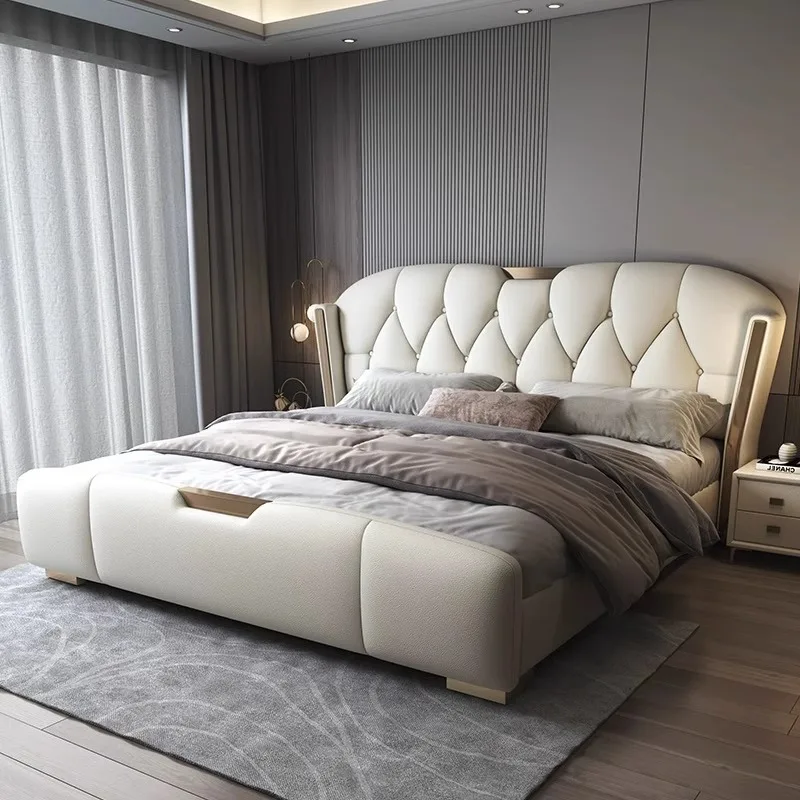 Quality Manufacturers Luxury King Size Modern Leather Bed Frame High Double Bed Upholstered Leather Headboard Bedroom Furniture