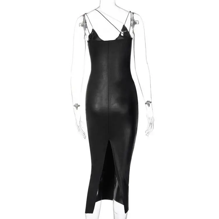 Club 2021 Sleeveless Ladies Dress V-Neck Low-Cut Leather Skirt Suspender Long Skirt
