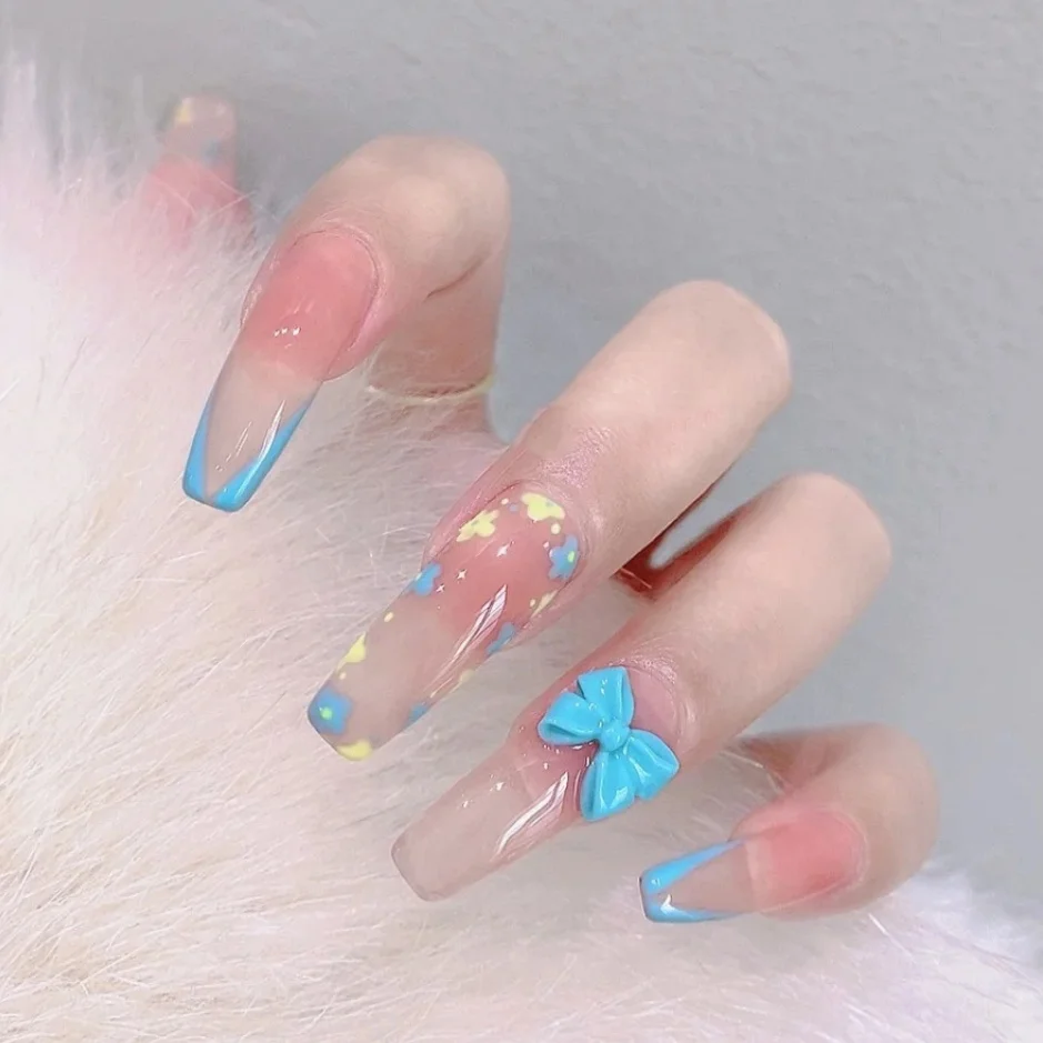 Naixi Hot Trendy New Design Nails Long Ballerina Pink Clear Blue French  Yellow Flowers Bowknot Fashion Custom Press On Nails - Buy Nails New Design,Custom  Nails,Press On Nails Product on Alibaba.com