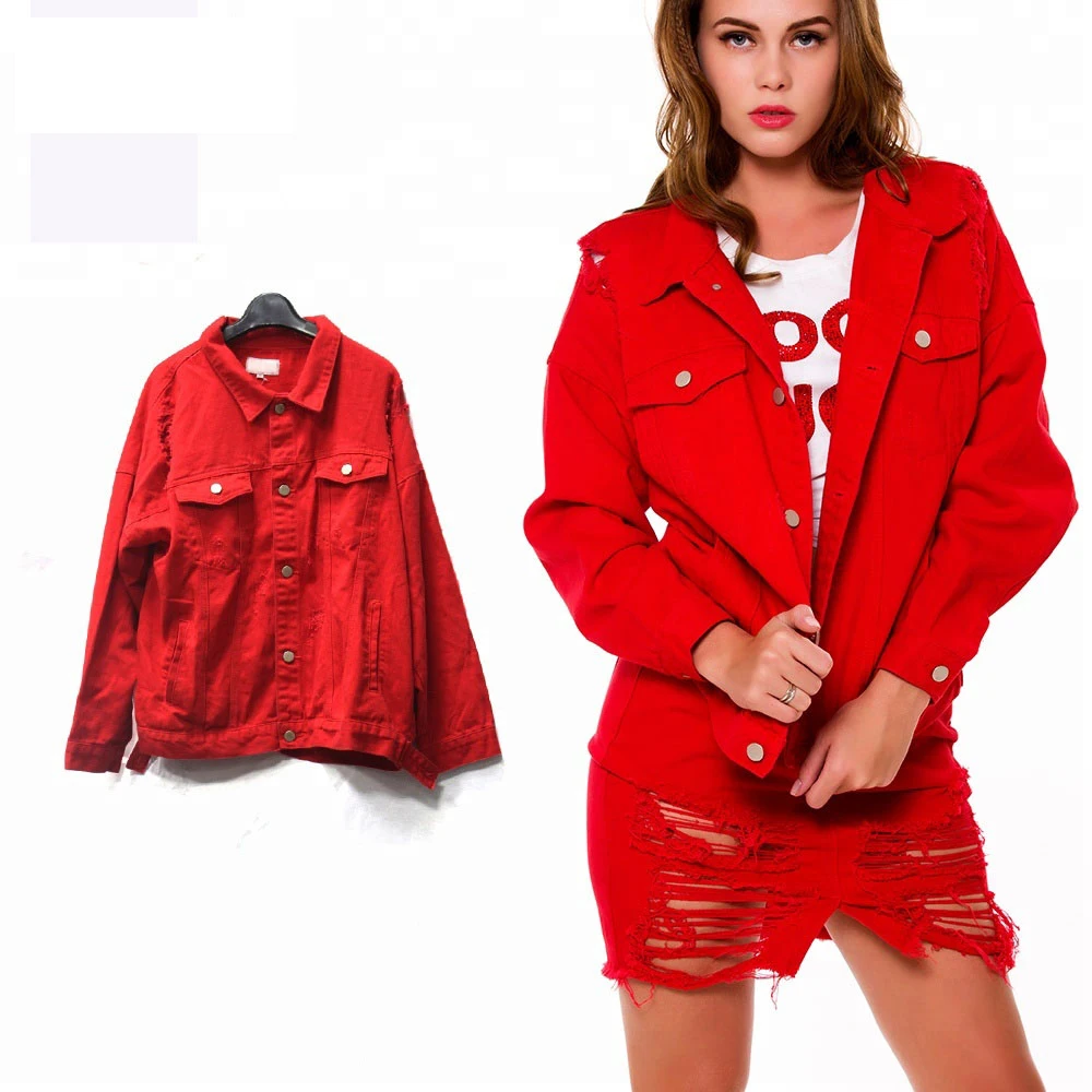 Red Oversized Distressed Denim Jacket centenariocat.upeu.edu.pe