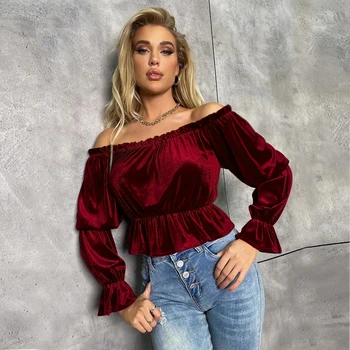 Latest Design Popular style off shoulder ladies red long sleeve tops lady sexy shirts for women blouses