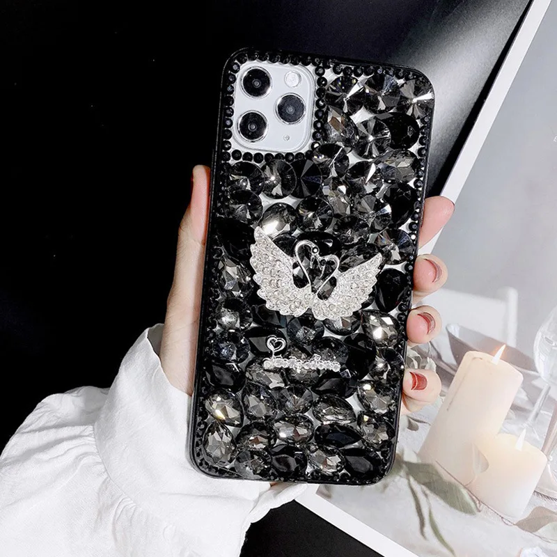 Luxury Rhinestone DIY Swan Japan Korean Market Design Phone Cover Case for iPhone 15 Samsung S24 A14 A25 A54