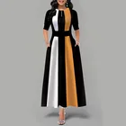 Dress Women Wholesale High Collar Satin Long Color Contrast Casual Dress Women