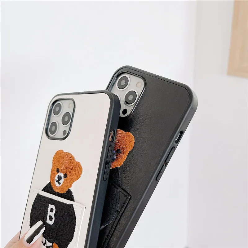 Cute Shell Cover Phone Card Pocket Bear Cartoon Leather Phone Cases for Apple iPhone 15 14 13 12 11 pro max Case