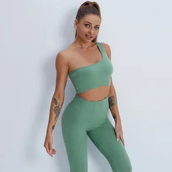 Chinese Supplier Direct Sale Seamless Knitted One Shoulder Tops Workout Sets 2pcs Butt Lift Leggings Gym Fitness Sets